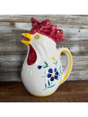 Shafford Hand Painted Italy Chicken Rooster Pitcher The Strata Group Floral 8"